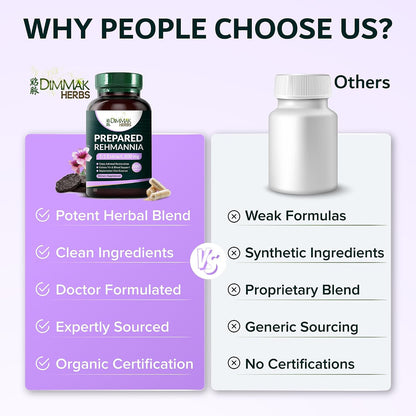 Prepared Rehmannia Root Capsules (Shu Di Huang)- 5:1 Organic Extract- High Potency Adrenal & Kidney Yin Tonic- Supports Menopause, Sleep & Vitality- Non-GMO Vegan, 500mg