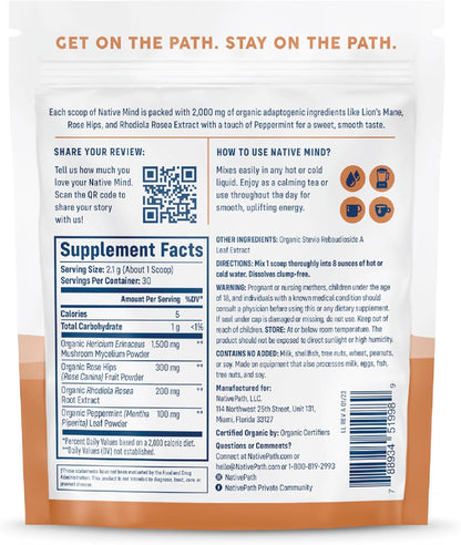 NativePath Native Mind Organic Adaptogen Herbal Support Blend - Organic Mushroom Drink Powder with Lion's Mane, Rhodiola & Rose Hips - 30 Servings | Rhodiola & Rose Hips In Peppermint, Supports Focus, Calm & Immune Health, Caffeine-Free, Organic, Keto
