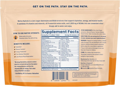 NativePath Hydrate Electrolyte Stick Packs, Tangerine, 30 Count | Single-Serve Sticks, 14 Vitamins & Minerals, 9 Aminos & 2000mg BCAAs, Zero Sugar, Hydration, Keto