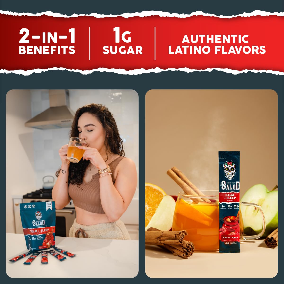 Salud 2-Pack | 2-in-1 Calm + Sleep (Punch) & Hydration + Immunity (Hibiscus) 15 Servings Each, Drink Mix, Dairy & Soy Free, Non-GMO, Gluten Free, Vegan, Low Calorie, 1g of Sugar
