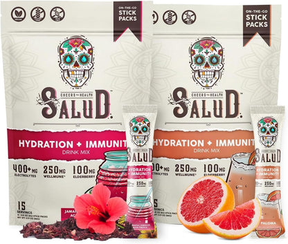 Salud 2-Pack | 2-in-1 Hydration + Immunity (Hibiscus) & Hydration + Immunity (Paloma) – 15 Servings Each, Agua Fresca Drink Mix, Non-GMO, Gluten Free, Vegan, Low Calorie, 1g of Sugar