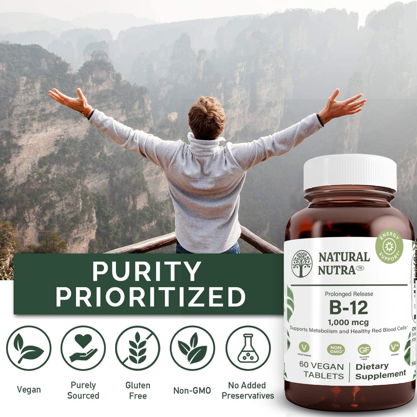 Natural Nutra Vitamin B12 1000 mcg, 100 Vegan Tablets | Promote Heart & Nerve Health, Cobalamin B12 Supplement, Help in Metabolism Health, Optimal Absorption, Gluten-Free,Sugar-Free