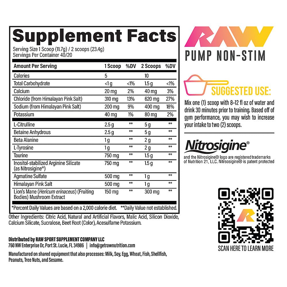 RAW Pump Stim Free Pre Workout (Watermelon) - Non-Stimulant Pre Workout Supplement Powder Nitric Oxide Booster - Pre Workout Supplements Drink for During Workout - 40 Servings