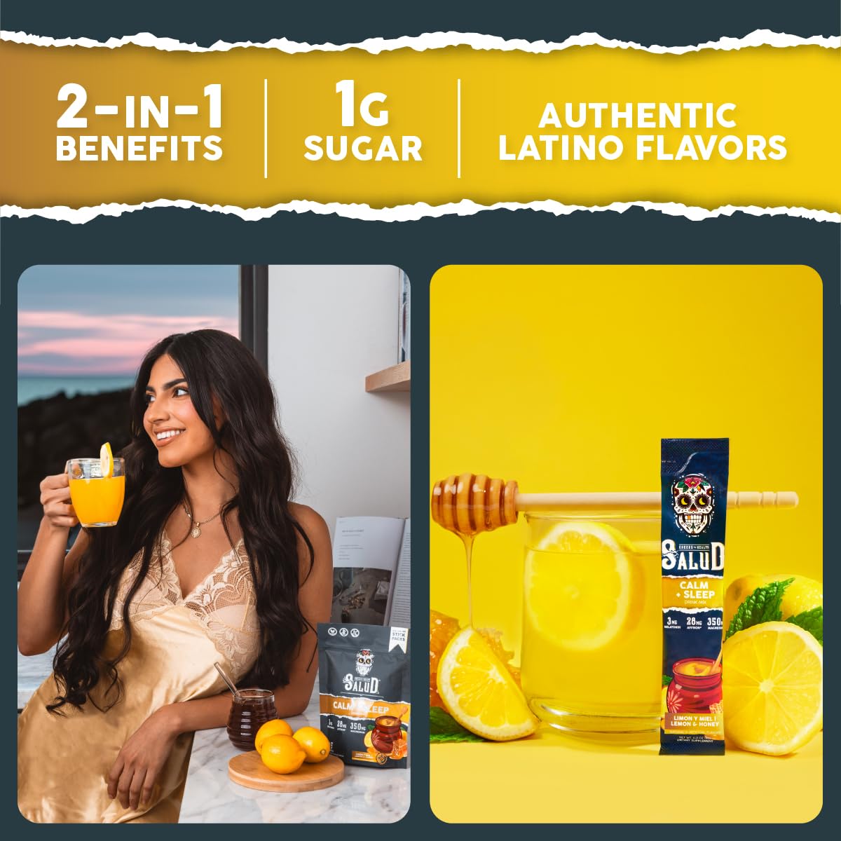 Salud 2-Pack | 2-in-1 Calm + Sleep (Punch) & Calm + Sleep (Lemon Honey) – 15 Servings Each, Drink Mix, Dairy & Soy Free, Non-GMO, Gluten Free, Vegan, Low Calorie, 1g of Sugar