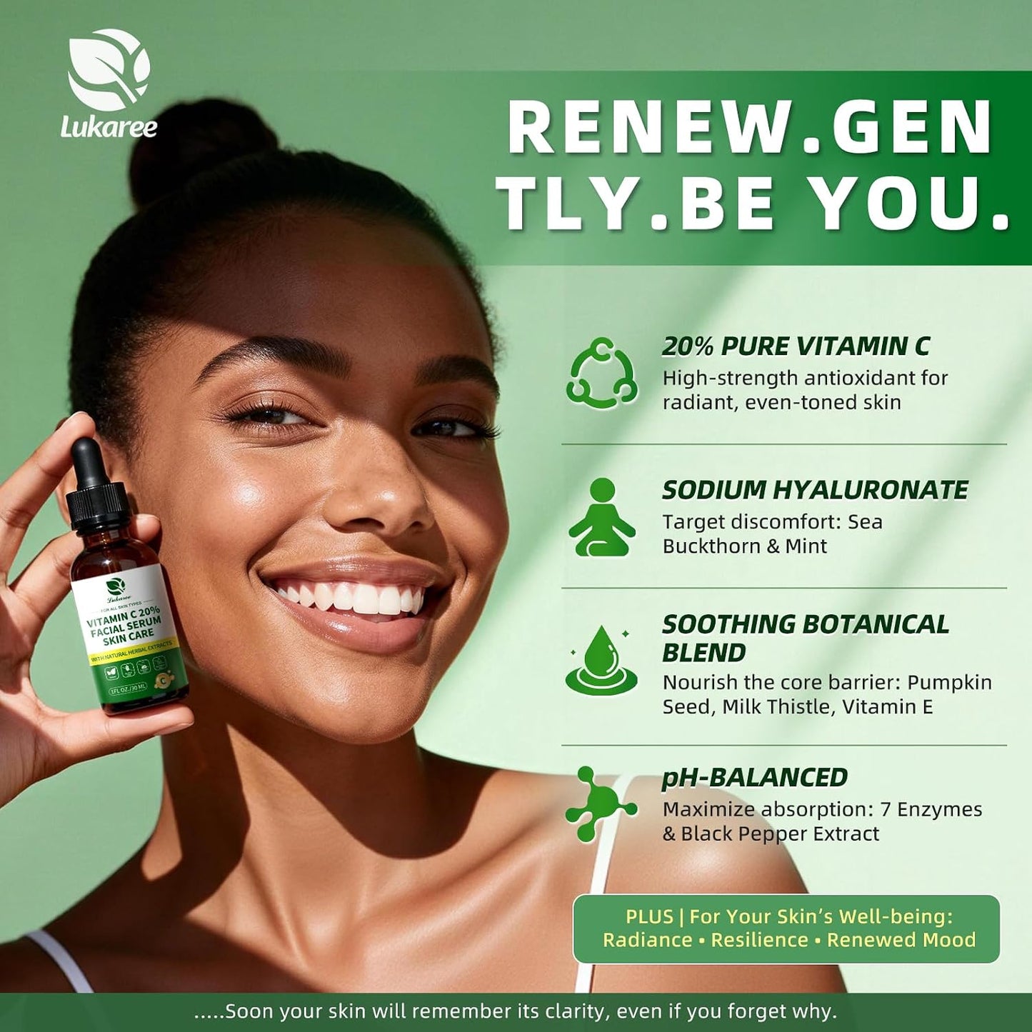 Lukaree Vitamin C Serum for Face, Dark Spots, Fine Lines & Support Collagen | Vitamin C Serum 20% Brightening Face Serum with Sodium Hyaluronate - All Skin Types, Plus Vit C Caps, 1 Fl Oz + 60 Caps