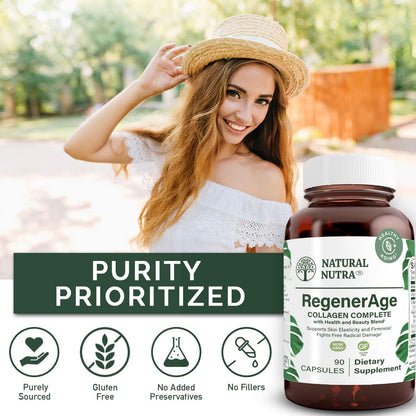 Natural Nutra Regener Age Complete Supplement for Skin Health, 90 Capsules | Protein Peptides, Reduce Stretch Marks, Contributes to Overall Health, Vitamin C, Grape Seed Red Wine Extract, Gluten-Free