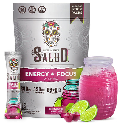 Salud 2-in-1 Energy + Focus Drink Mix, Hibiscus | Organic Caffeine, B6 + B12, Theanine, Clean Energy Packets, Agua Fresca Mix, Non-GMO, Gluten Free, 1g of Sugar (15 Servings)