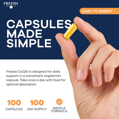 FREEDA CoQ10 100mg - Kosher Coenzyme Q10 Dietary Supplement for Cardiovascular Heart Health, Blood Pressure Support, Oral Gum Health, and Healthy Aging - Pure CoQ10 Capsules, 100 Count | Supports Oral Gum Health, Immune Support, & Healthy Aging – Pure Ant