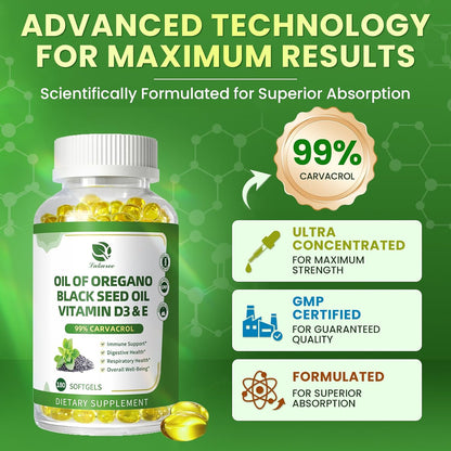 Oregano Oil Softgels with Black Seed Oil, 99% Carvacrol, 180 Ct, 3 Month | 5-in-1 with Vitamin D3 E Black Pepper, Immune, Respiratory, Digestive & Antioxidant*, Ultra-Concentrated, Easy to Swallow