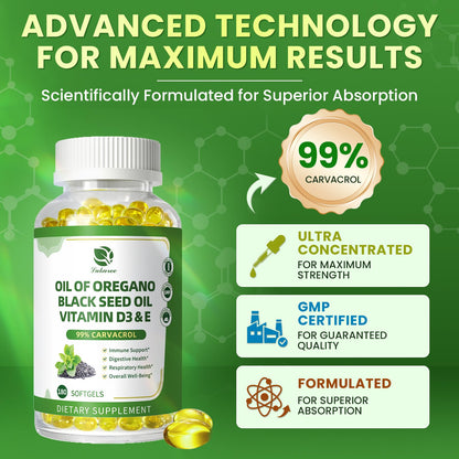 Oregano Oil Softgels with Black Seed Oil, 99% Carvacrol, 180 Ct, 3 Month | 5-in-1 with Vitamin D3 E Black Pepper, Immune, Respiratory, Digestive & Antioxidant*, Ultra-Concentrated, Easy to Swallow