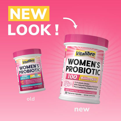 Vitalibre Probiotics for Women 100 Billion CFU 15 Strains, Daily Probiotic | 30 Vegan Capsules, Prebiotic Supplement with Organic Cranberry to Support Vaginal, Digestive, Immune Health, Shelf Stable