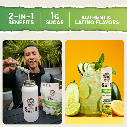 Salud 2-Pack | 2-in-1 Hydration + Immunity (Cucumber Lime) & Energy + Focus (Guava) – 15 Servings Each, Agua Fresca Drink Mix, Non-GMO, Gluten Free, Vegan, Low Calorie, 1g of Sugar