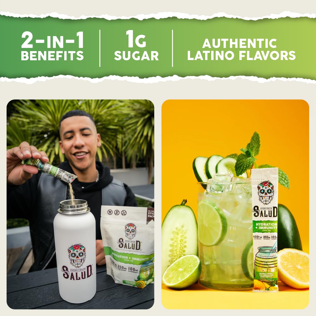 Salud 2-Pack |2-in-1 Energy + Focus (Peach Lemonade) & Hydration + Immunity (Cucumber Lime) – 15 Servings Each, Agua Fresca Drink Mix, Non-GMO, Gluten Free, Vegan, Low Calorie, 1g of Sugar