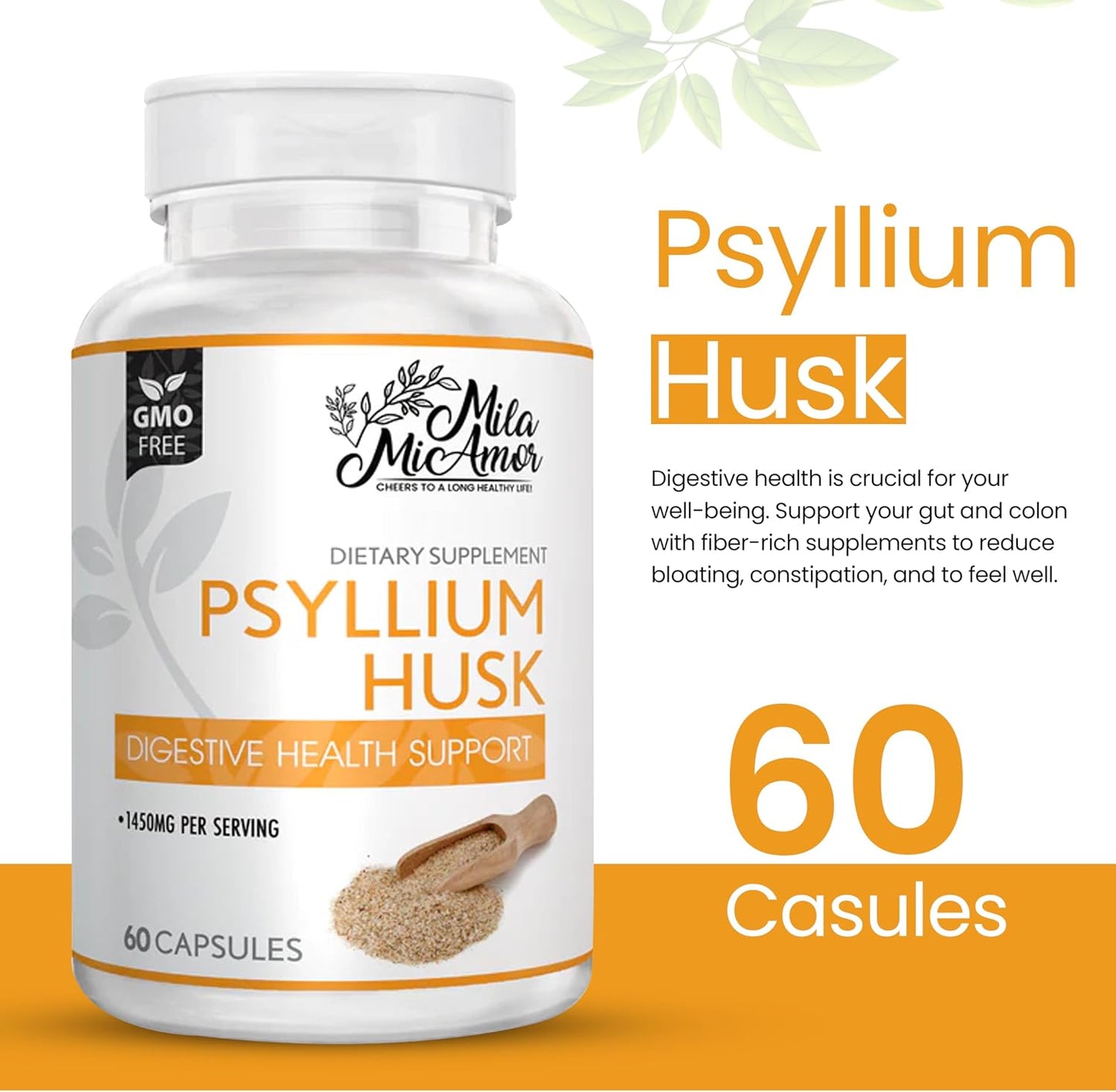Mila Miamor Psyllium Husk Capsules – 60 Count – Gut & Colon Support Supplement – Promotes Digestive Health & Regularity – Non-GMO, High Fiber Formula
