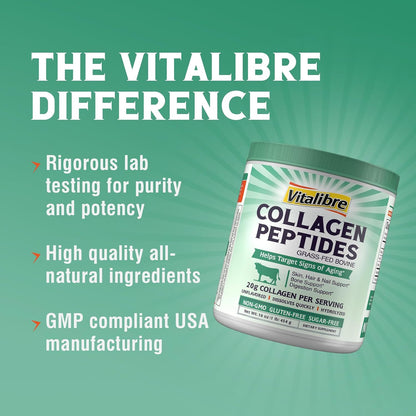 Vitalibre Bovine Collagen Peptides Powder for Women and Men, Grass-Fed Hydrolyzed Collagen Protein Type I & III, Skin, Hair, Nails, Bones, Digestion, Unflavored, Non-GMO, Keto & GF, 22 Servings, 16oz
