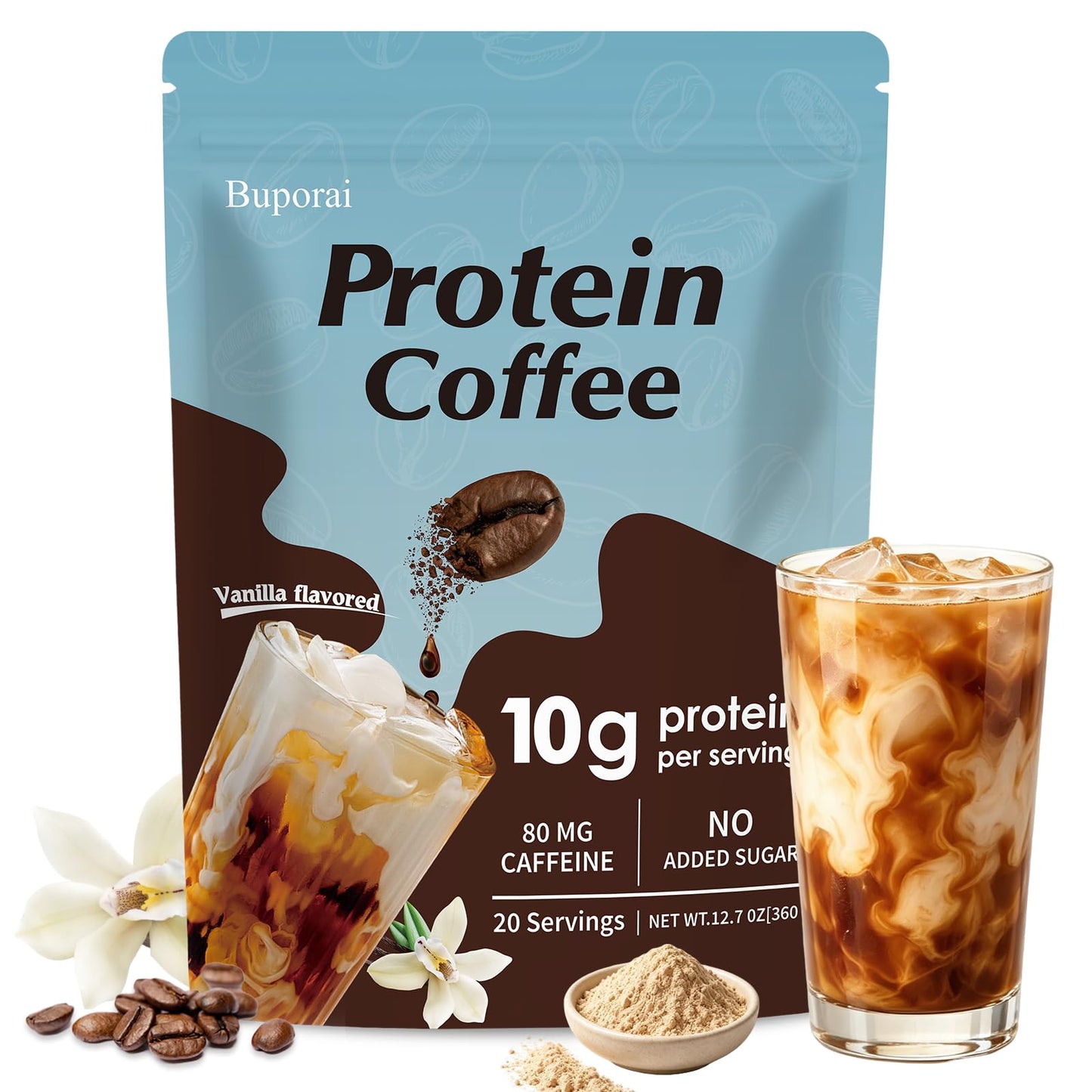 Caramel Protein Coffee Powder - Instant Iced Coffee, Sugar Free, Keto Friendly, 10 g Protein, 80 mg Caffeine Per Serving - 20 Servings