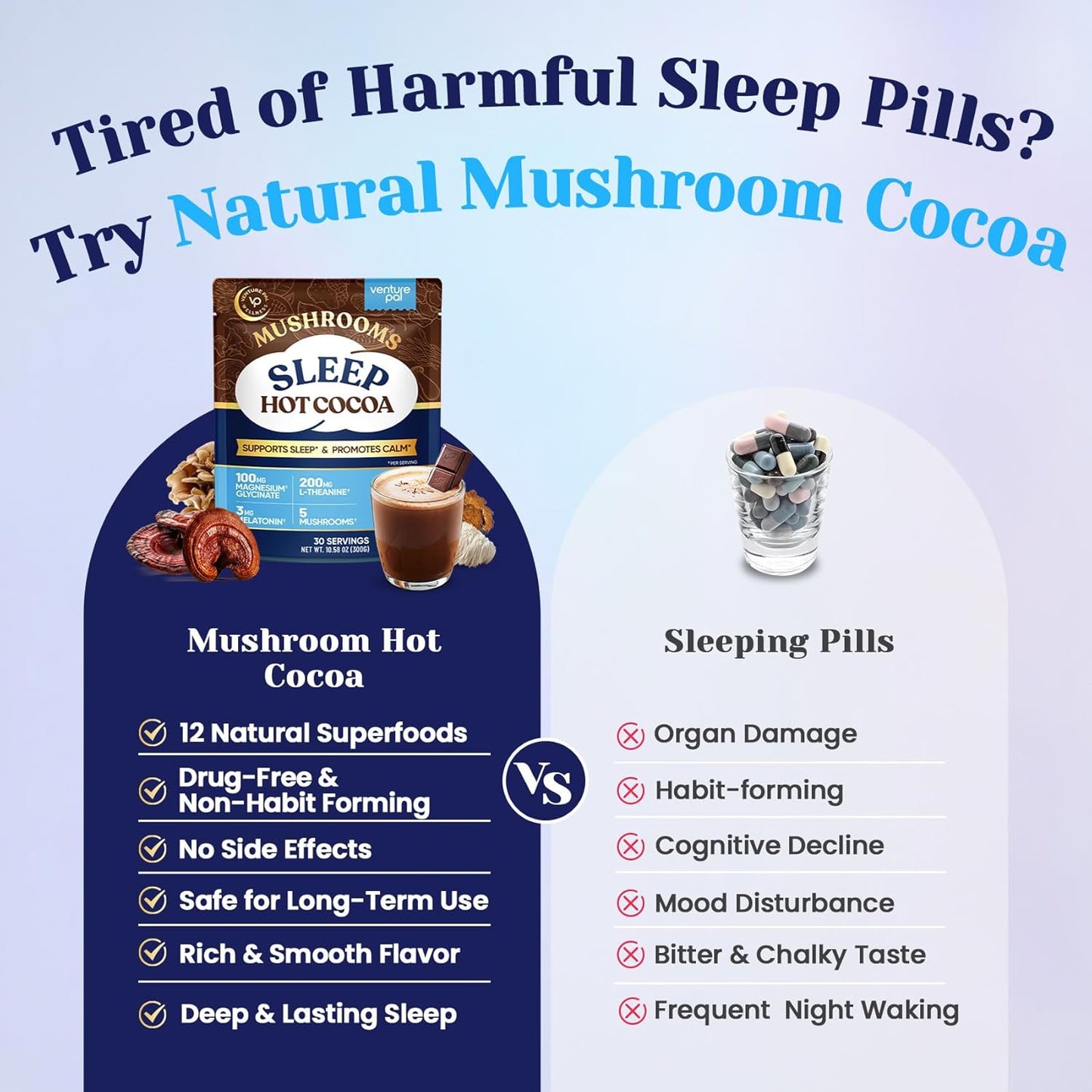Mushroom Hot Cocoa Powder Natural Sleep Aid with 12 Superfoods, 30 Servings | Magnesium Glycinate, Melatonin 3mg, L-Theanine, Glycine, Lion's Mane, Reishi & Turkey Tail, Moon Bedtime Brew Hot Cocoa Mix