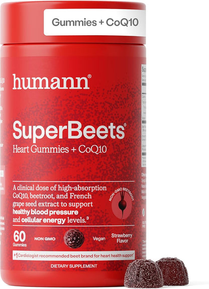 Humann SuperBeets 3-in-1 Heart Gummies - 3x Absorption CoQ10 - Plus Beetroot Extract & Grape Seed Extract for Advanced Heart Health, Cellular Energy & Circulation Support, Vegan, Gluten Free, 60 count