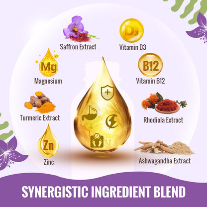 Saffron Supplements - 88.5 mg Saffron Extract Better Bioavailability Liposomal Drops for Mood, Energy, Vision & Focus with Ashwagandha, Turmeric, Magnesium, Zinc, Vitamin B12 & D3, 60 ml, 30 Servings | Liposomal Formula, With Ashwagandha, Magnesium, Zinc,