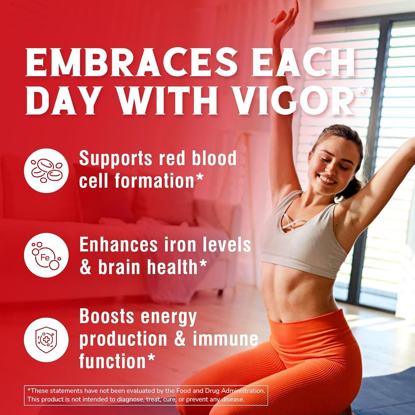 Iron Supplement for Women & Men, with Vitamins C, B6, B12 & Folate | for Iron Deficiency, Blood Building & Energy Support, Stomach Friendly, Better Absorption, Non-GMO, No Gluten, 60 Vegan Caps