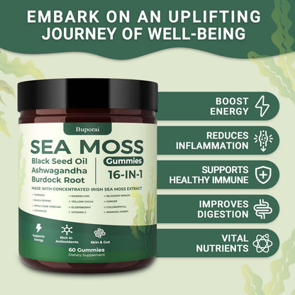 Sea Moss Gummies 16-1, Black Seed Oil Ashwagandha Turmeric Bladder Wrack Vitamin C Vitamin D3 Elderberry Manuka Dandelion Yellow Dock Apple Cider Vinegar for Men & Women