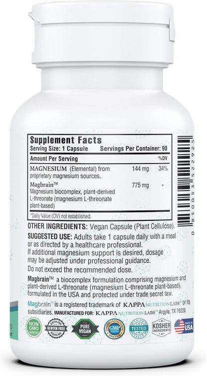 Kappa Nutrition, Magbrain® Plant‑Derived Magnesium L‑Threonate, 144 mg Elemental Magnesium, Brain & Nervous System Support, 60 Vegan Capsules, Once‑Daily Biocomplex.