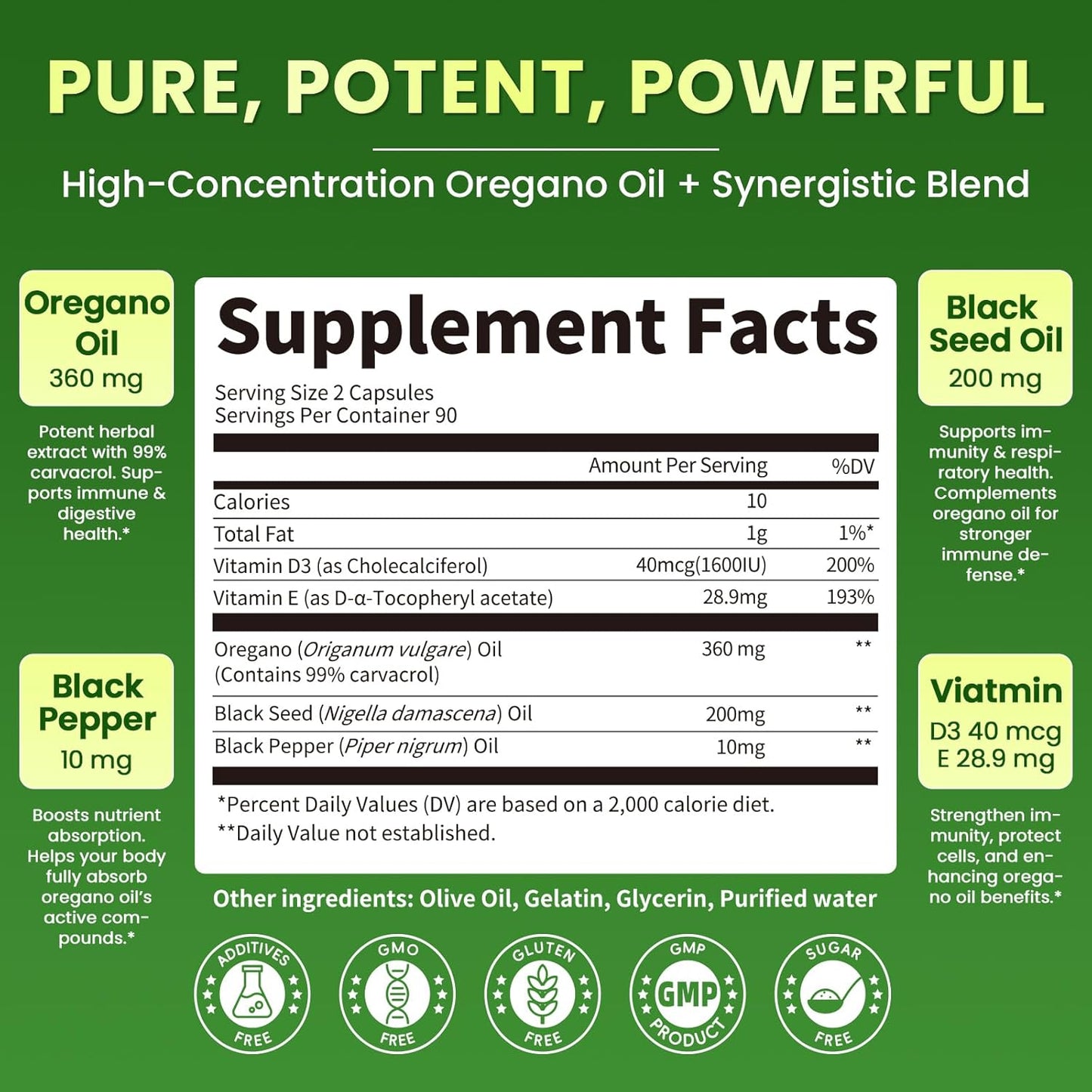 Oregano Oil Softgels with Black Seed Oil, 99% Carvacrol, 180 Ct, 3 Month | 5-in-1 with Vitamin D3 E Black Pepper, Immune, Respiratory, Digestive & Antioxidant*, Ultra-Concentrated, Easy to Swallow
