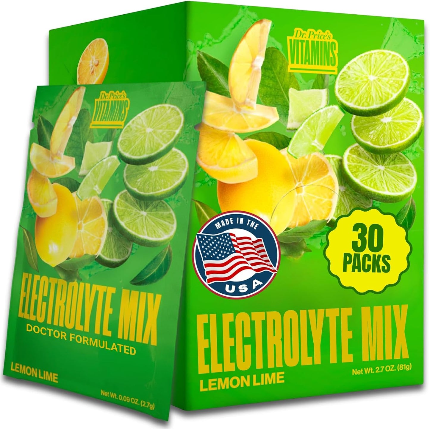 Dr. Price's Vitamins Electrolytes Powder Packets, Lemon Lime, 30 Pack | Electrolyte Mix, Hydration, No Sugar, Sodium, Potassium & 72+ Trace Minerals, Keto Friendly, Made in USA, Doctor-Formulated