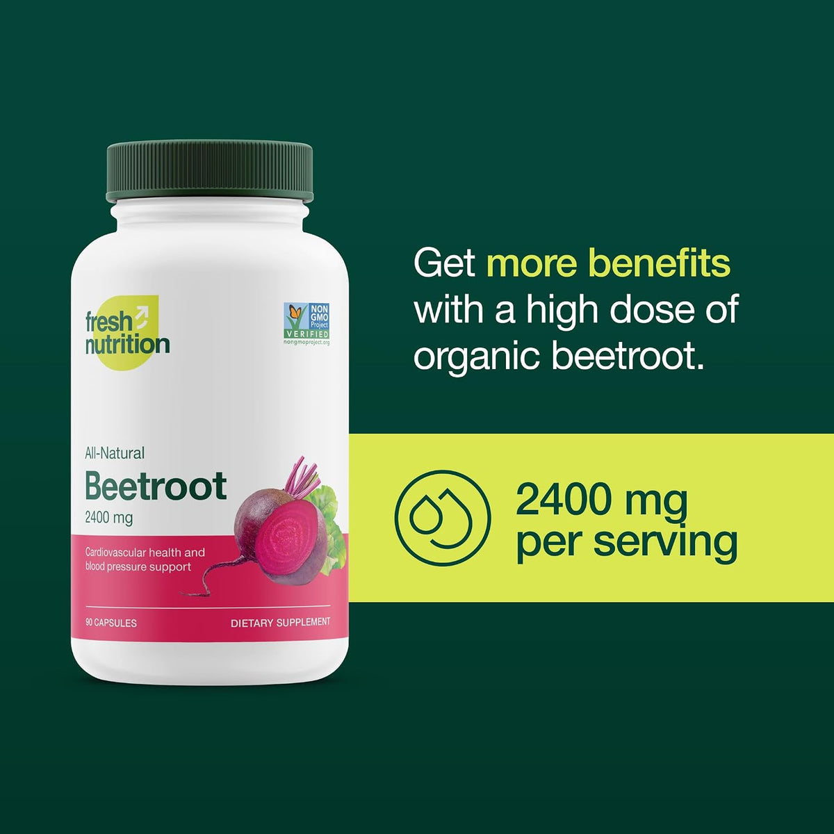 Fresh Nutrition Organic Beet Root Capsules - 2400mg Potent Dosage - Antioxidant Support - Vegan, Non GMO, Gluten-Free - 90 Capsules