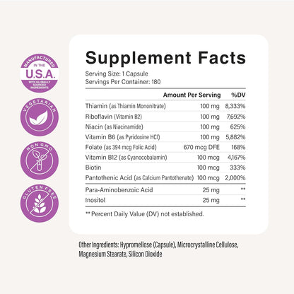 Vitamin B Complex, B1, B2, B3, B5, B6, B7, B9, B12 Inositol, 6 Month Supply | Energy Immune & Nervous System Support, Super B Complex Vitamins for Women & Men, One-A-Day, Vegan & Non-GMO, 180 Capsules