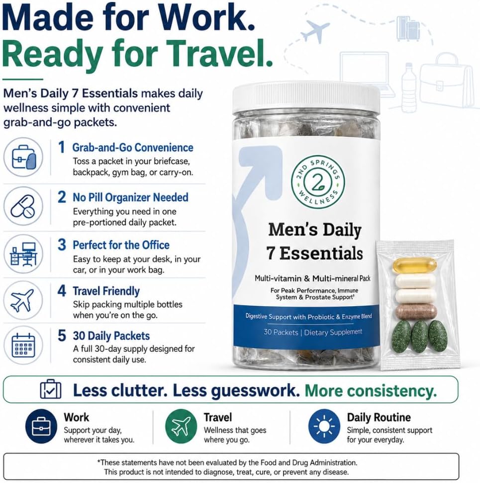 Daily 7 Essentials Men's Vitamin Pack - 30 Packets | Adult Multivitamin & Multimineral Supplement Pack - 30 Packets