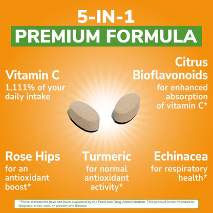 Vitalibre Vitamin C 1000mg, with Citrus Bioflavonoids, Rose Hips, Echinacea & Turmeric, Immune Support, Antioxidant Protection, Collagen Production, 240 Vegan Tabs