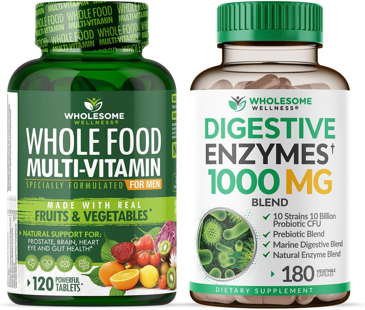 Wholesome Wellness Whole Food Multivitamin for Men - Natural Multi Vitamins, Minerals, Organic Extracts Digestive Enzymes 1000MG Plus Prebiotics & Probiotics Bundle