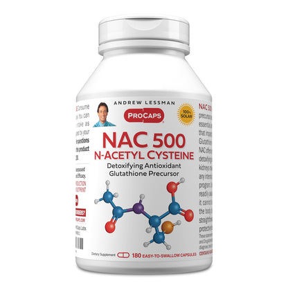 ANDREW LESSMAN ProCaps NAC 500 N-Acetyl Cysteine, 60 Capsules | 500 mg of N-Acetyl Cysteine to support glutathione production, antioxidant defenses and cellular health.
