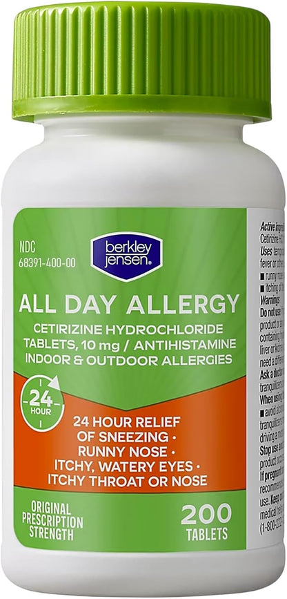 berkley jensen 24 Hour Allergy Relief, 10 mg Cetirizine Hydrochloride Antihistamine - Fast Allergy Medicine for Indoor & Outdoor Allergies, Made in USA, 200 Tablets (Pack of 1)