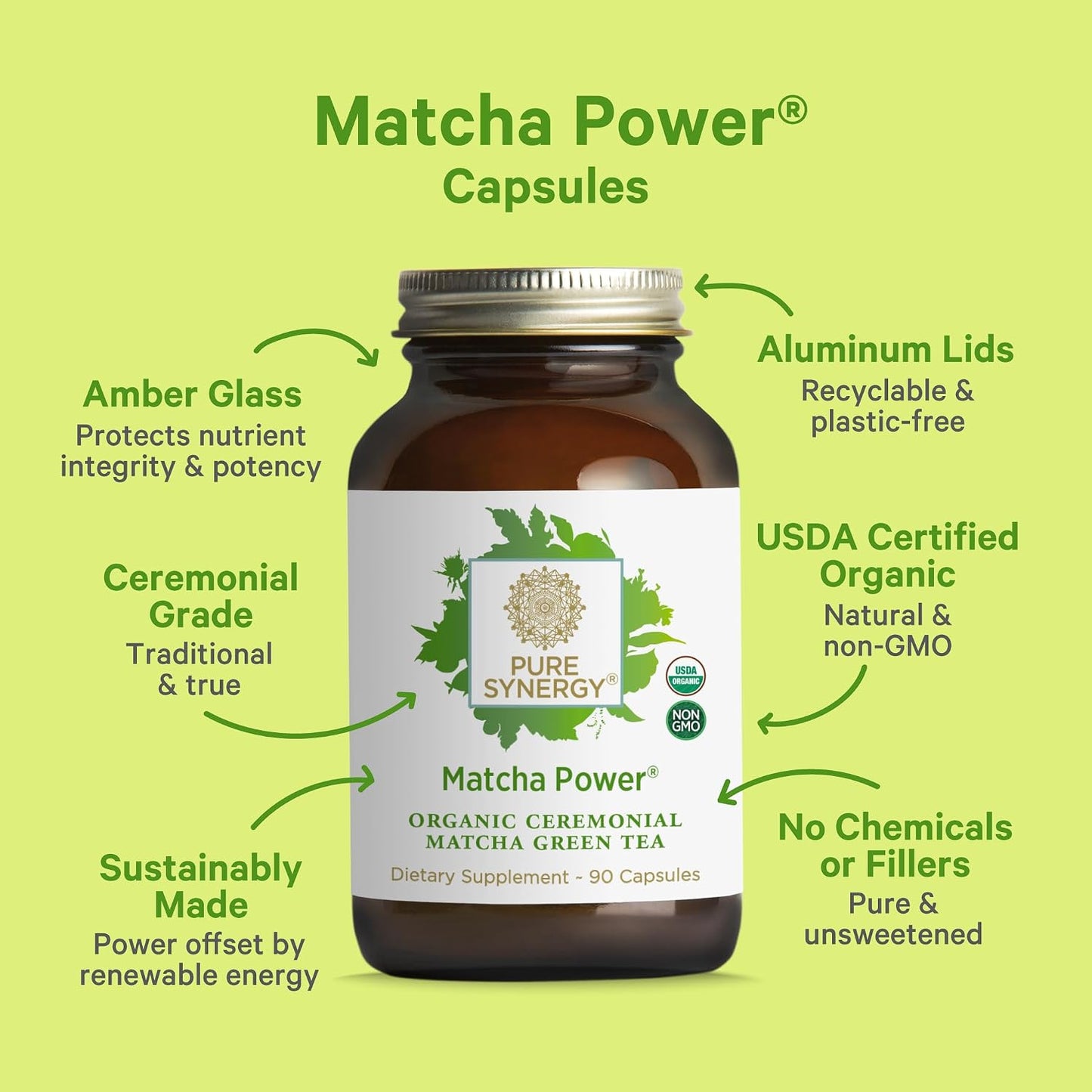 PURE SYNERGY Matcha Power | Organic Matcha Green Tea Capsules | Ceremonial Grade Supplement with EGCG | for Enhanced Energy & Alertness (90 Capsules)