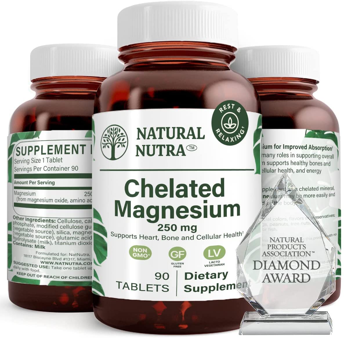 Natural Nutra Chelated Magnesium Oxide 250mg- High Absorption for Strong Bones, Heart Health, Improves Dental Health, Energy Boost, Gluten-Free, Non-GMO, 90Tablets in BPA-Free Recyclable Glass Bottles