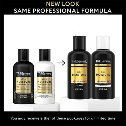 TRESemmé Rich Moisture Travel Shampoo & Conditioner, 3 Oz Ea | Moisturizing Travel Hair Care Set for Dry Hair | TSA-Friendly Sizes for Travel and Gym Bags