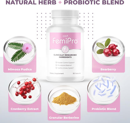 FemiPro – Herb & Probiotic Blend, USA Made – 30 Ct, 1 Month Supply | Herbal & probiotic capsule blend | Non-GMO, Made in USA | Easy-to-swallow daily capsule