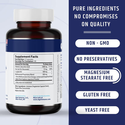 AgeImmune Vitamin C 1000mg Complex with L-Lysine 500mg, Zinc 12mg, Bioflavonoids 300mg. Doctor Formulated Magnesium Stearate Free Supplements for Healthy Immune System Support.(1)