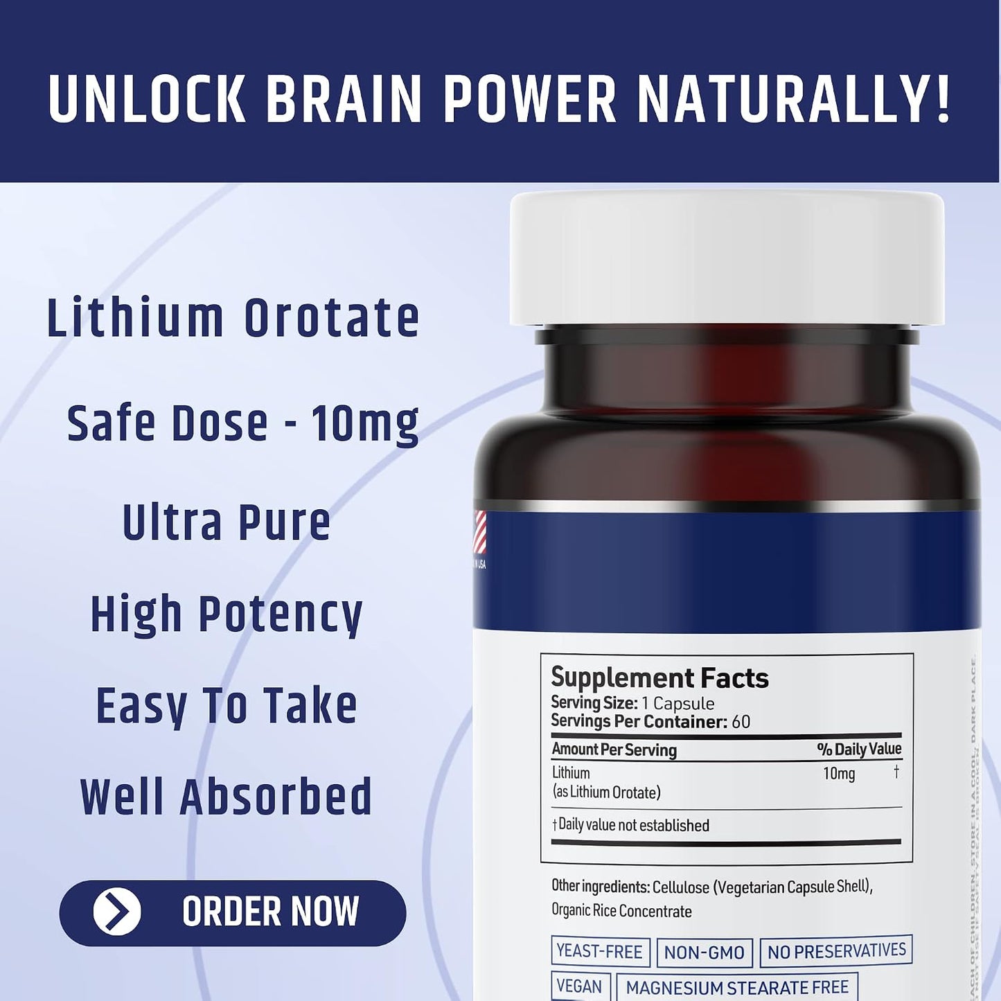 Lithium Orotate 10mg per Capsule - 60 Vegetarian Capsules. Memory and Emotional Wellness Support - Magnesium Stearate Free - 2 Months Supply of Lithium Supplement.
