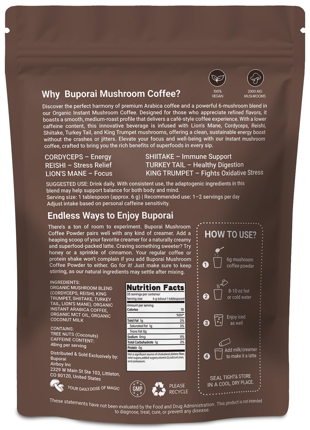 Mushroom Coffee, Instant Mushroom Coffee Organic with 6 Mushrooms Lion’s Mane, Cordyceps, Turkey Tail & Other for Energy, Focus, Digestion, Immunity, 35 Servings