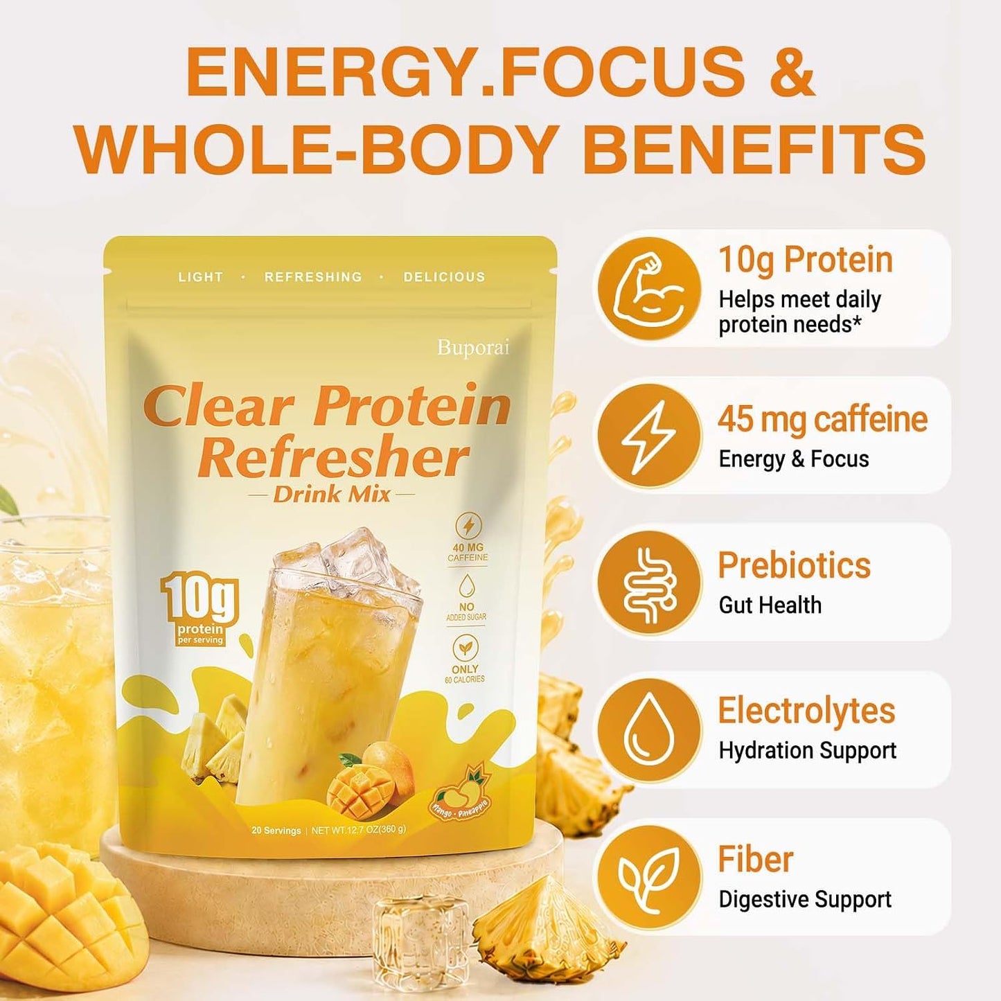 Clear Protein Refreshers Drink with Electrolytes Powder (Pineapple Mango) | Collagen Peptides, 0g of Sugar,40mg Caffeine
