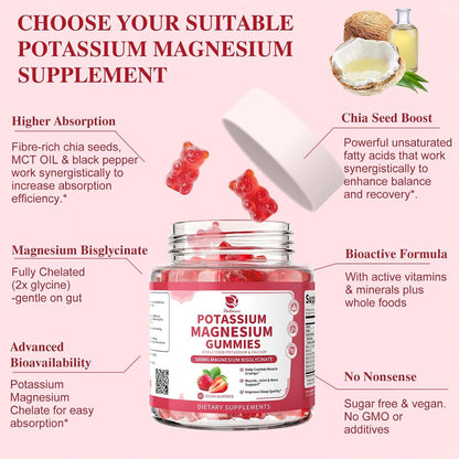 Lukaree Magnesium Potassium Supplement Gummies with Whole Food Calcium | New Formula Calm Magnesium & Plant Potassium Plus Chia Seed, D3, K2 & Calcium for Sleep, Leg Cramps & Muscle -Vegan, 60 Count
