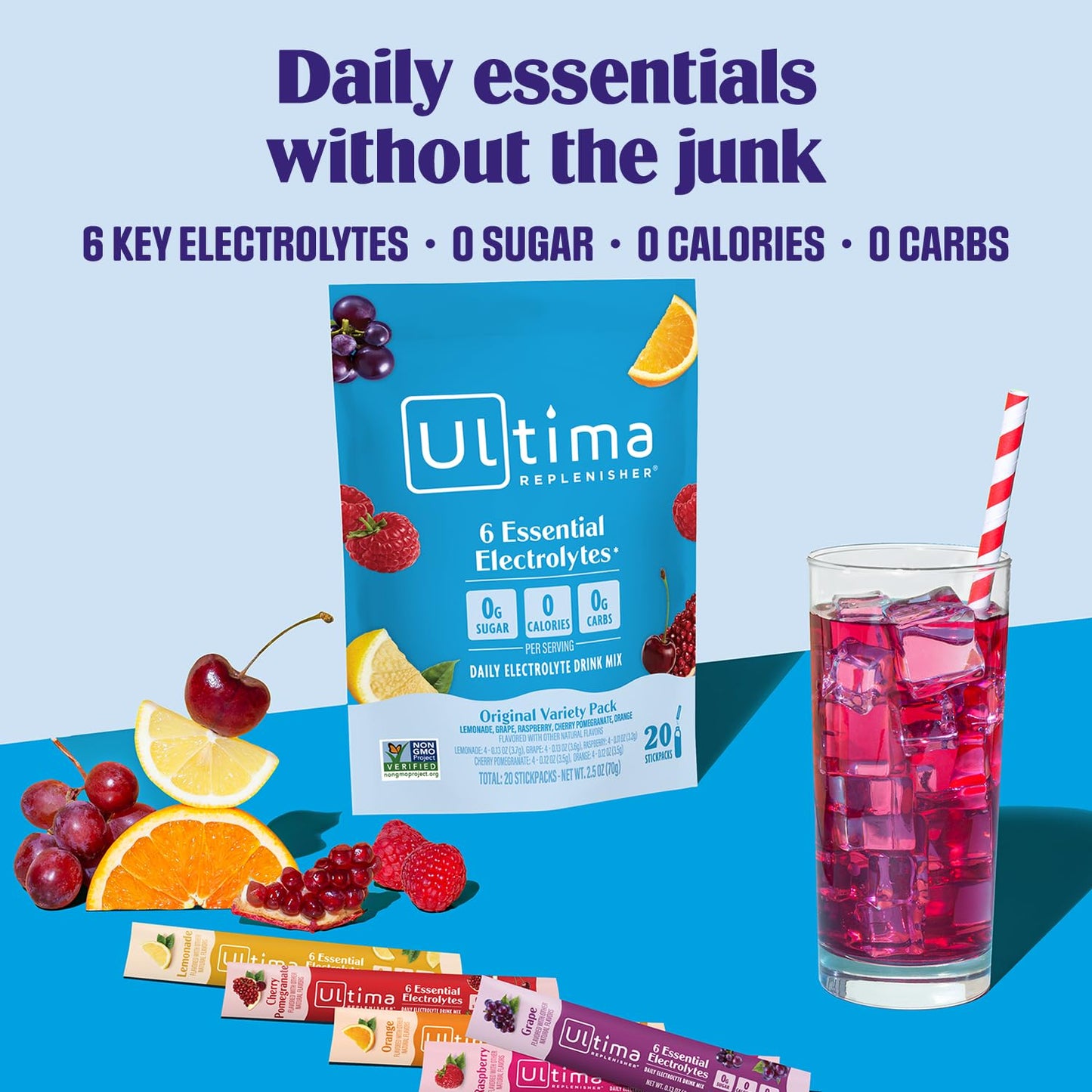 Ultima Replenisher Daily Electrolyte Powder Drink Mix – Sugar Free – Tropical Variety and 5-Flavor Variety, 20 Stickpacks – Hydration Packets with 6 Electrolytes and Minerals – Keto, Non-GMO