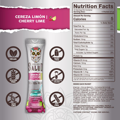Salud 2-in-1 Energy + Focus Drink Mix, Hibiscus | Organic Caffeine, B6 + B12, Theanine, Clean Energy Packets, Agua Fresca Mix, Non-GMO, Gluten Free, 1g of Sugar (15 Servings)