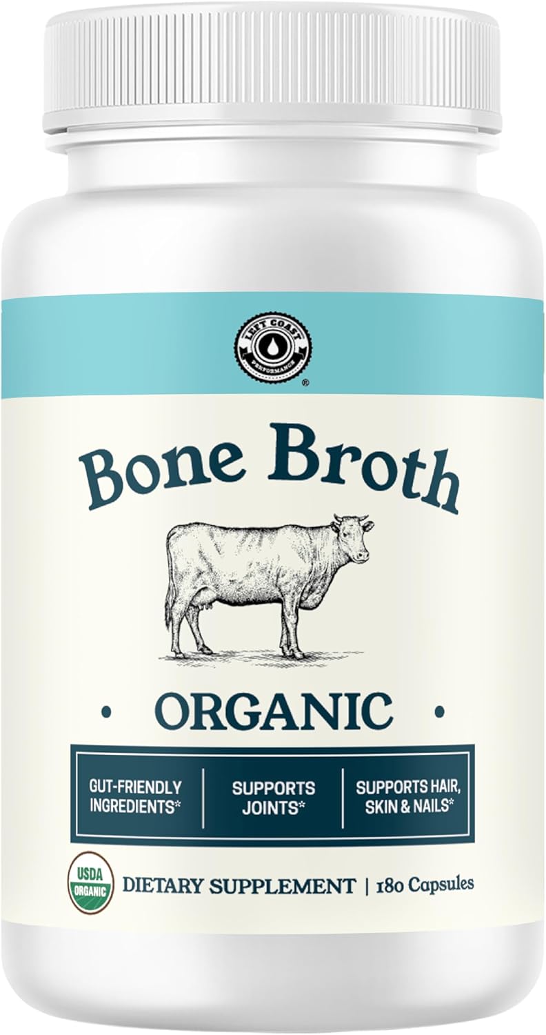 Grass-Fed Bone Broth Capsules with Collagen from Organic Bone Broth Powder. Collagen Supplement for Nails, Hair, Joints and Digestive Health* Support. Gut Friendly-Ingredients, 180 Capsules