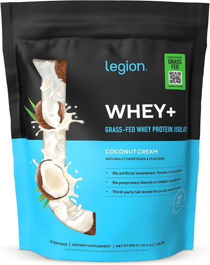 LEGION Whey+ Whey Isolate Protein Powder from Grass Fed Cows - Low Carb, Low Calorie, Non-GMO, Lactose Free, Gluten Free, Sugar Free, All Natural Whey Protein Isolate, 30 Servings (Coconut Cream Pie)