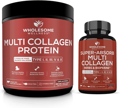 Wholesome Wellness Multi Collagen Protein Powder Hydrolyzed (Type I II III V X) + Super-Absorb Multi Collagen Pills (Type I II III V X) Bundle