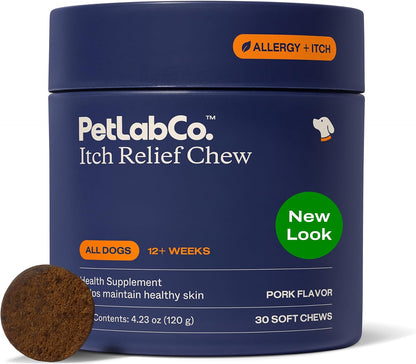 PetLab Co. Itch Relief Chews for Dogs, 30 Soft Chews, Pork | Omega 3-6-9, turmeric, and honey to support dry skin, coat health and immune balance daily